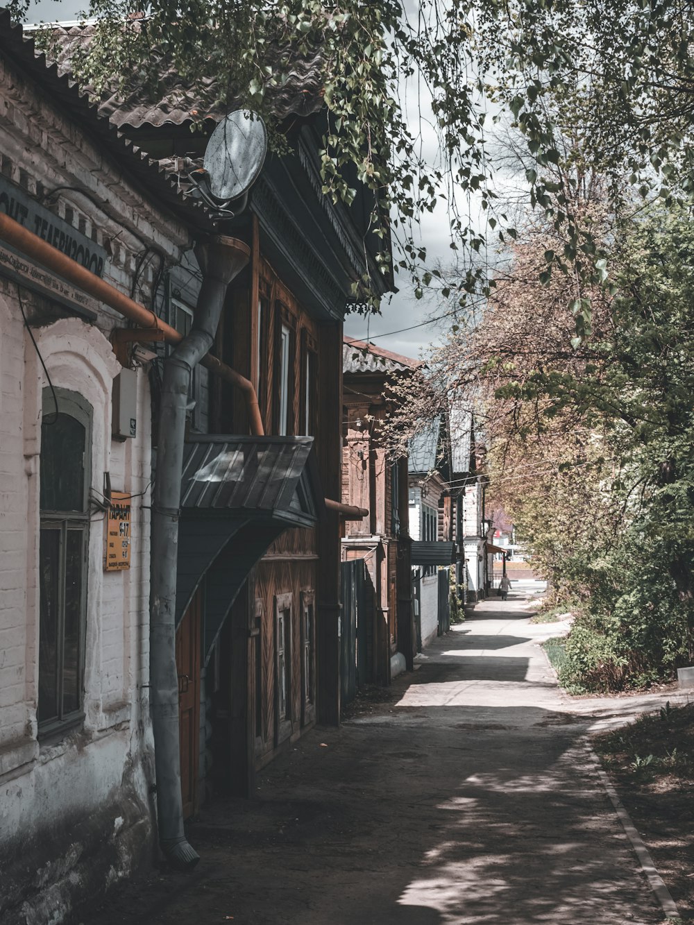 a narrow street lined with buildings and trees