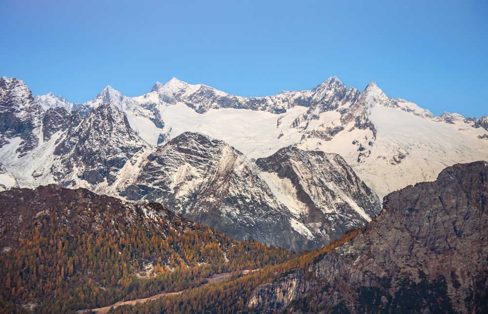 Le montagne sono coperte di neve e alberi