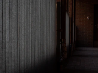A dimly lit industrial corridor slick with rain and oil, pipes and wires twisting into darkness under flickering fluorescent lights.