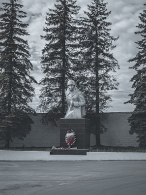A soldier statue stands on a black pedestal adorned with a wreath and flowers. Behind the statue, tall evergreen trees are set against a cloudy sky, giving a somber atmosphere to the scene.