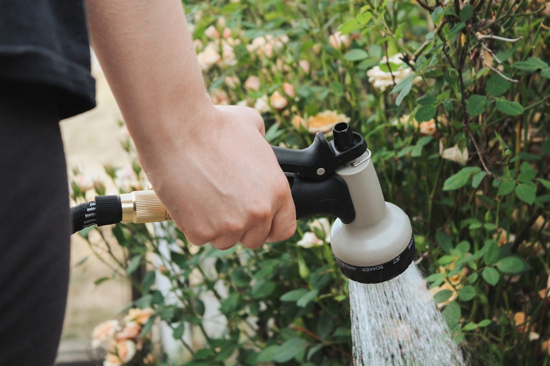 a person is holding a hose and spraying water,