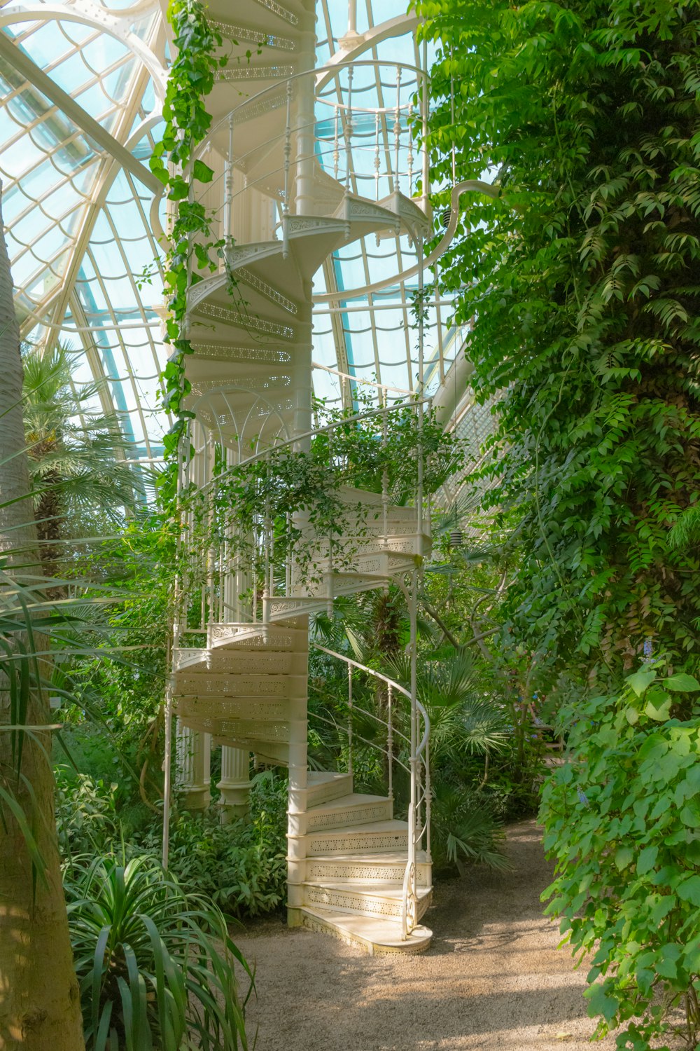 a spiral staircase in the middle of a garden