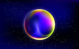 A glowing neon blue abstract sphere floating over a dark purple textured background with subtle glassmorphism effects.