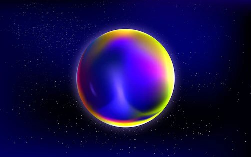 A glowing neon blue abstract sphere floating over a dark purple textured background with subtle glassmorphism effects.