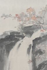 A serene traditional painting features a waterfall flowing over dark rocks, surrounded by delicate branches with light pink and orange foliage. The subtle use of colors creates a gentle and calming atmosphere.