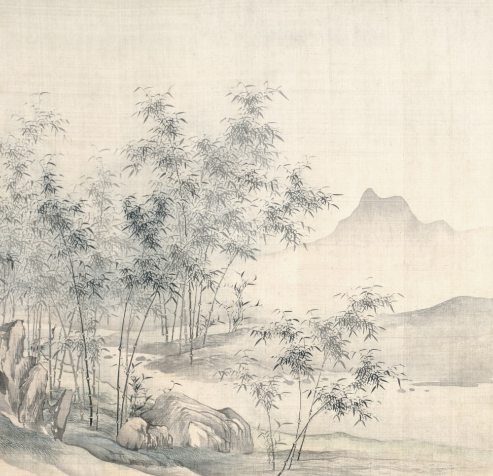 a painting of a landscape with a mountain in the background