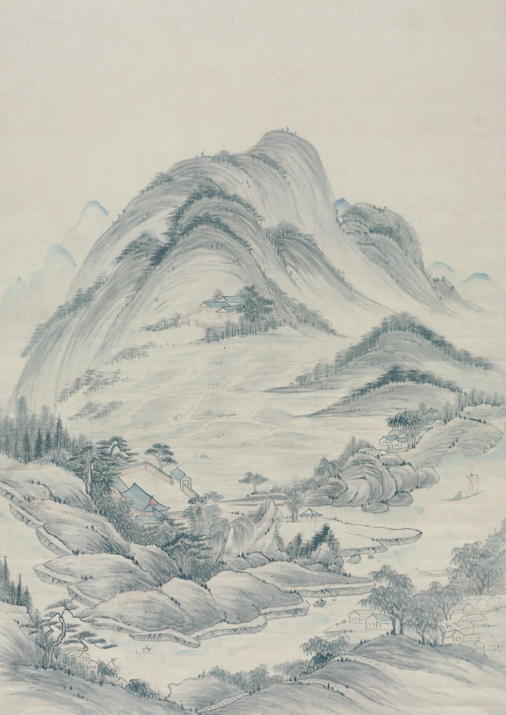 a drawing of a mountain with a house on it