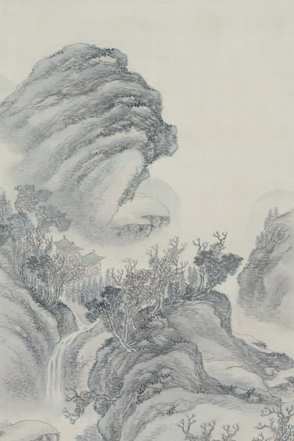 a drawing of a mountain with a waterfall