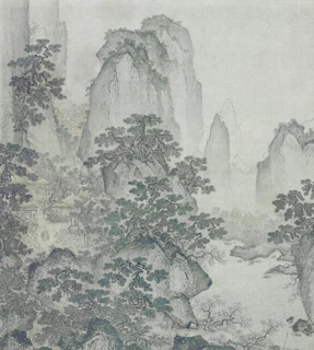 A serene traditional Chinese painting featuring mountains and rivers under a misty sky.