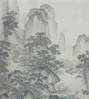 A serene traditional Chinese painting featuring mountains and rivers under a misty sky.