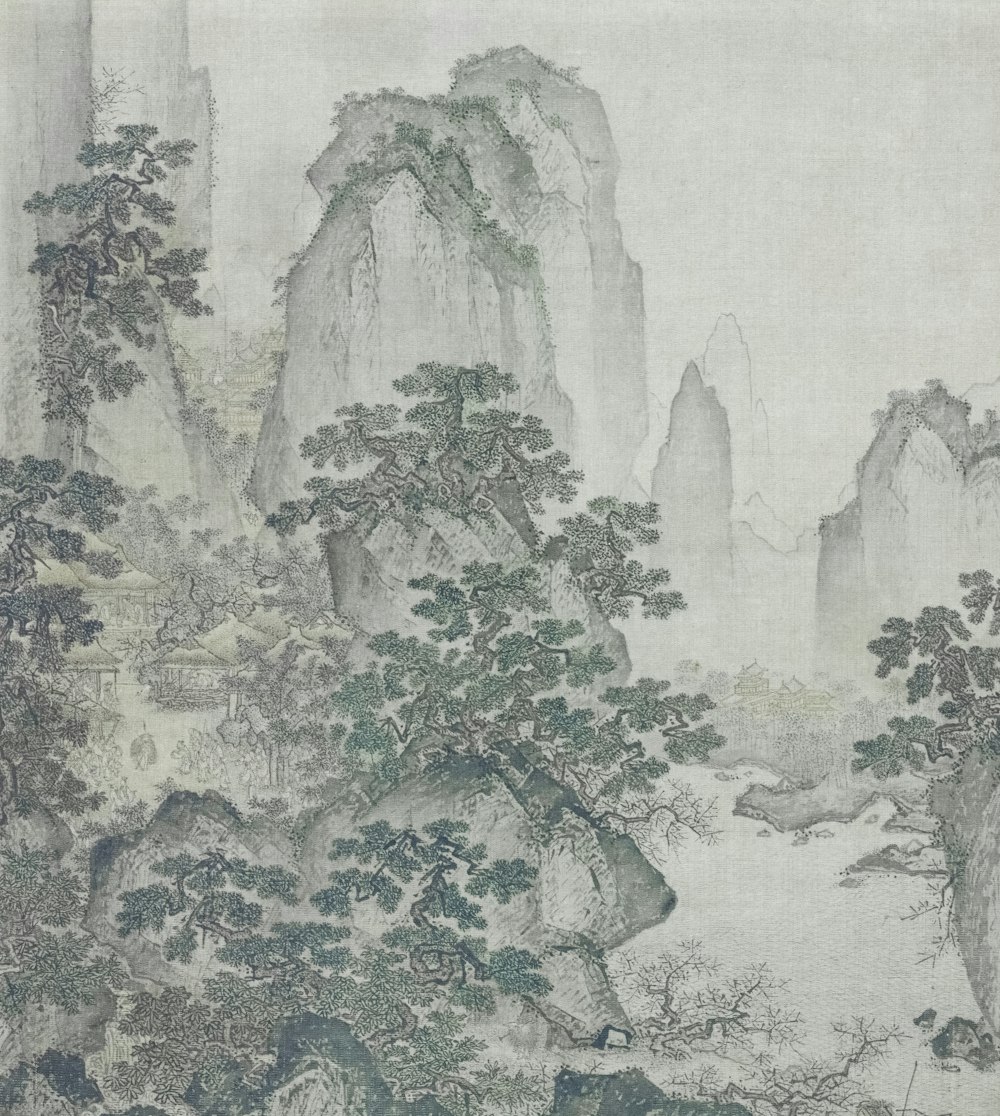 a painting of a mountain landscape with trees and rocks
