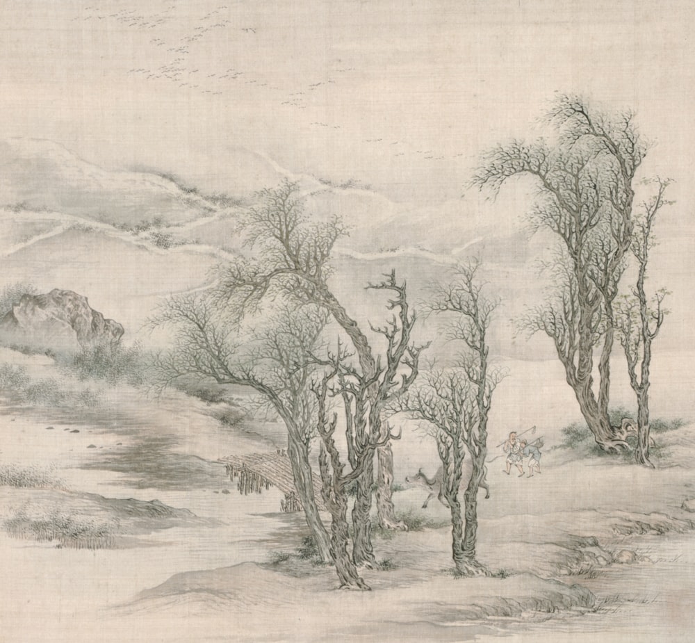 a painting of a landscape with trees and mountains