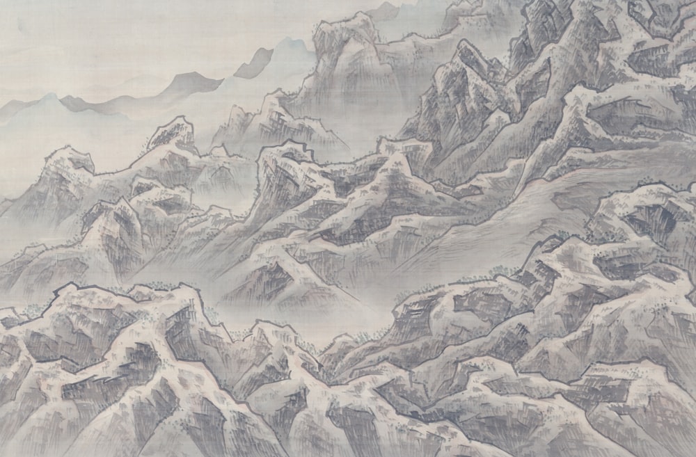 um desenho de montanhas com neve sobre elas