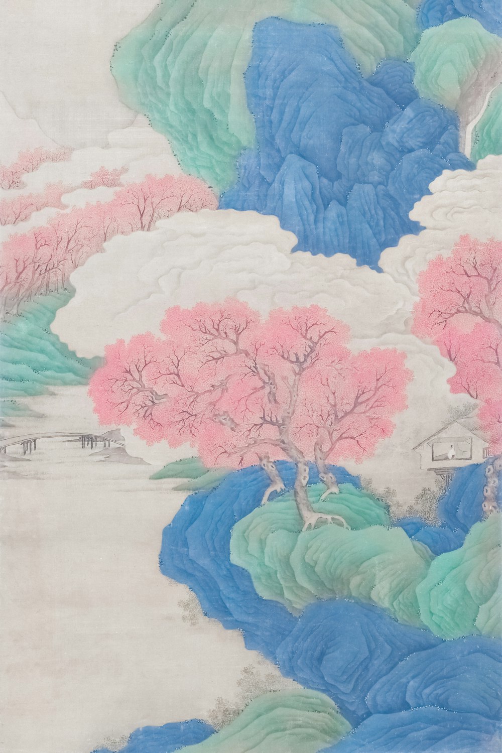 Un dipinto di un fiume con alberi e montagne sullo sfondo