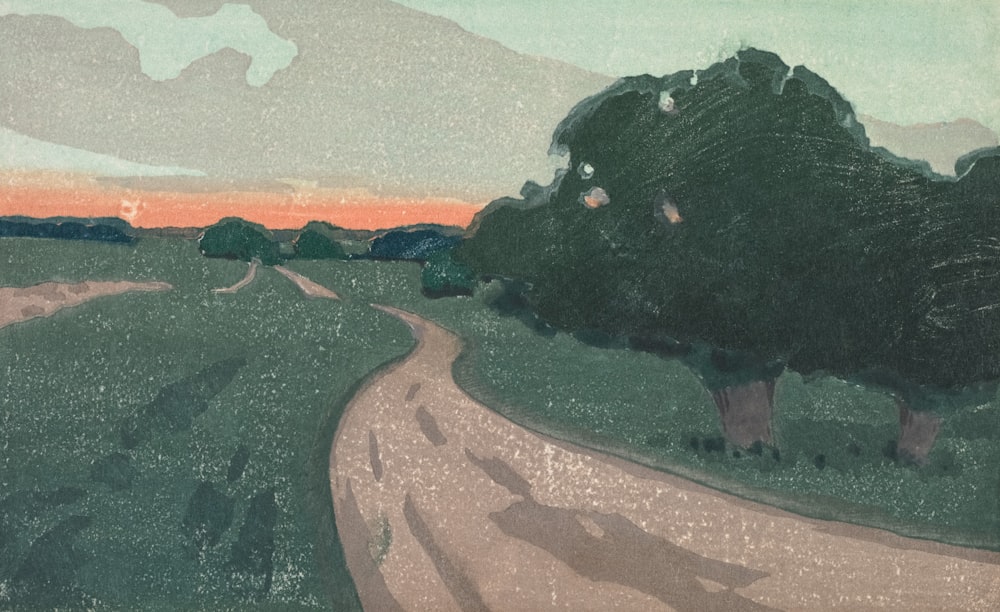 a painting of a dirt road with trees on either side