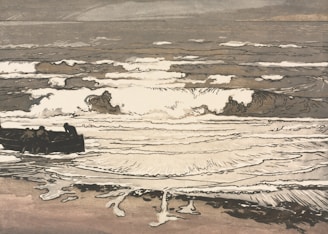 A coastal scene with crashing waves, portrayed in a stylized manner. In the foreground, several figures are seen near a boat on the sandy shore. The sea appears dynamic with the movement of waves, and the sky is overcast, suggesting a possibly stormy atmosphere.