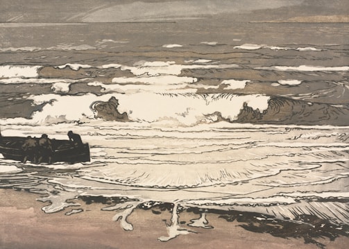 A symbolic visual artwork representing a tsunami wave crashing into a harbor.