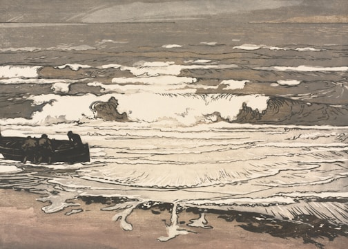 A coastal scene with crashing waves, portrayed in a stylized manner. In the foreground, several figures are seen near a boat on the sandy shore. The sea appears dynamic with the movement of waves, and the sky is overcast, suggesting a possibly stormy atmosphere.