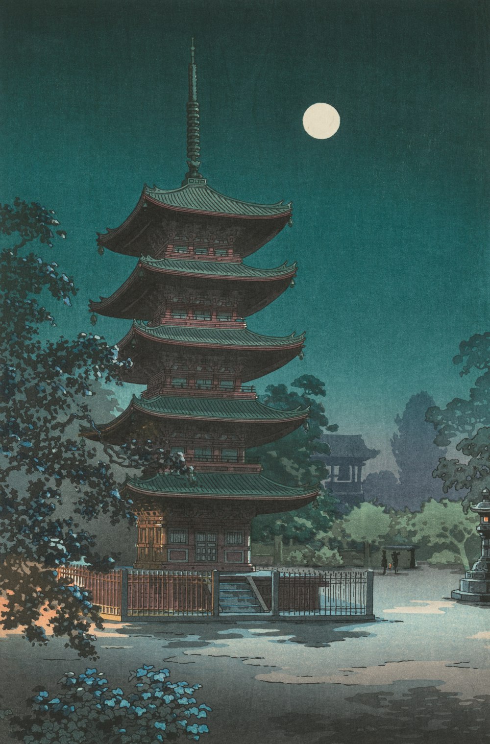 a painting of a pagoda with a full moon in the background