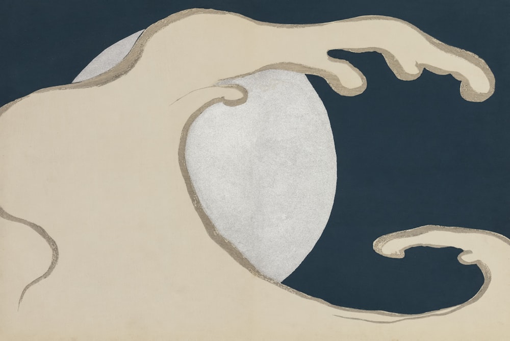 a painting of a person's hand with a half moon in the background