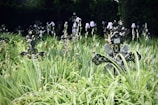 A peaceful garden with flowers and a cross.