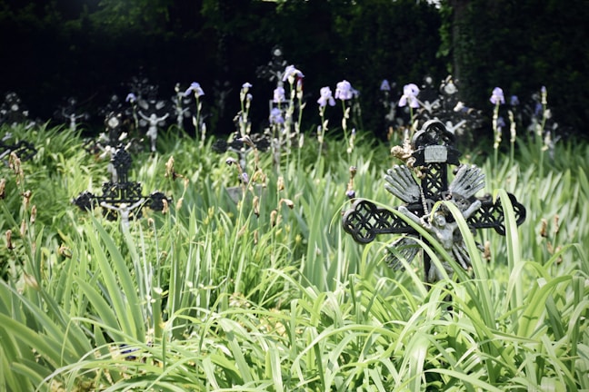 A peaceful garden with flowers and a cross.