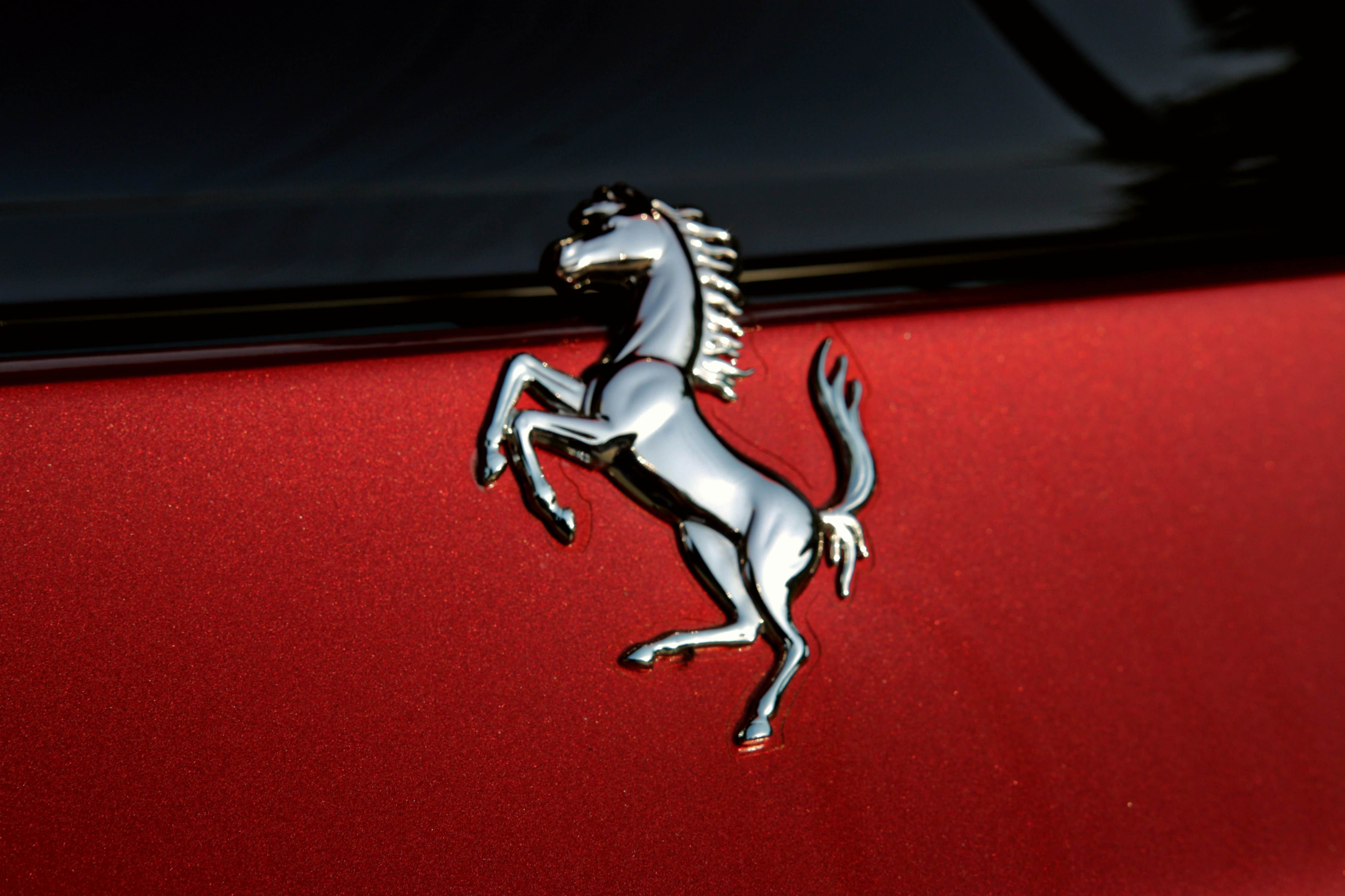 a close up of a horse emblem on a red car