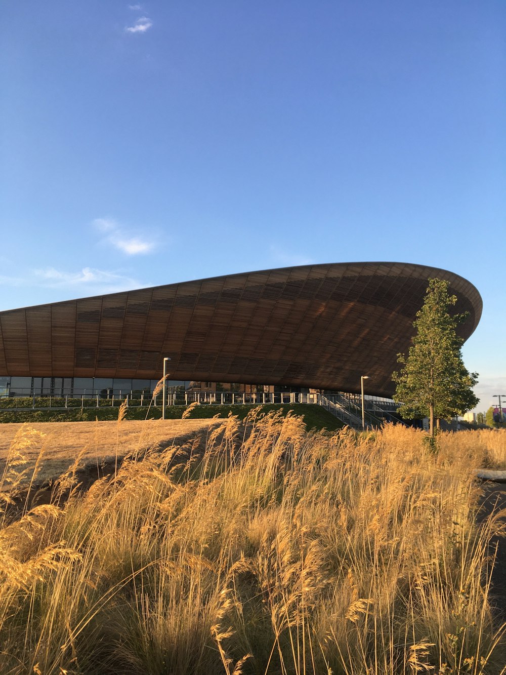 a large building sitting on top of a dry grass field