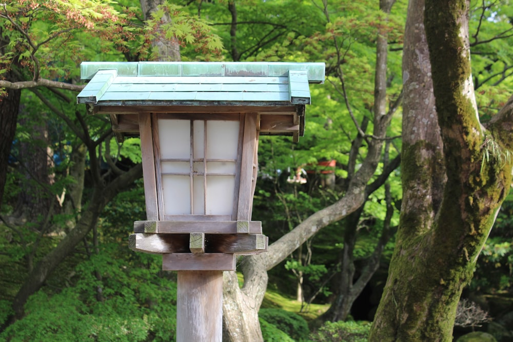 a bird house in the middle of a forest