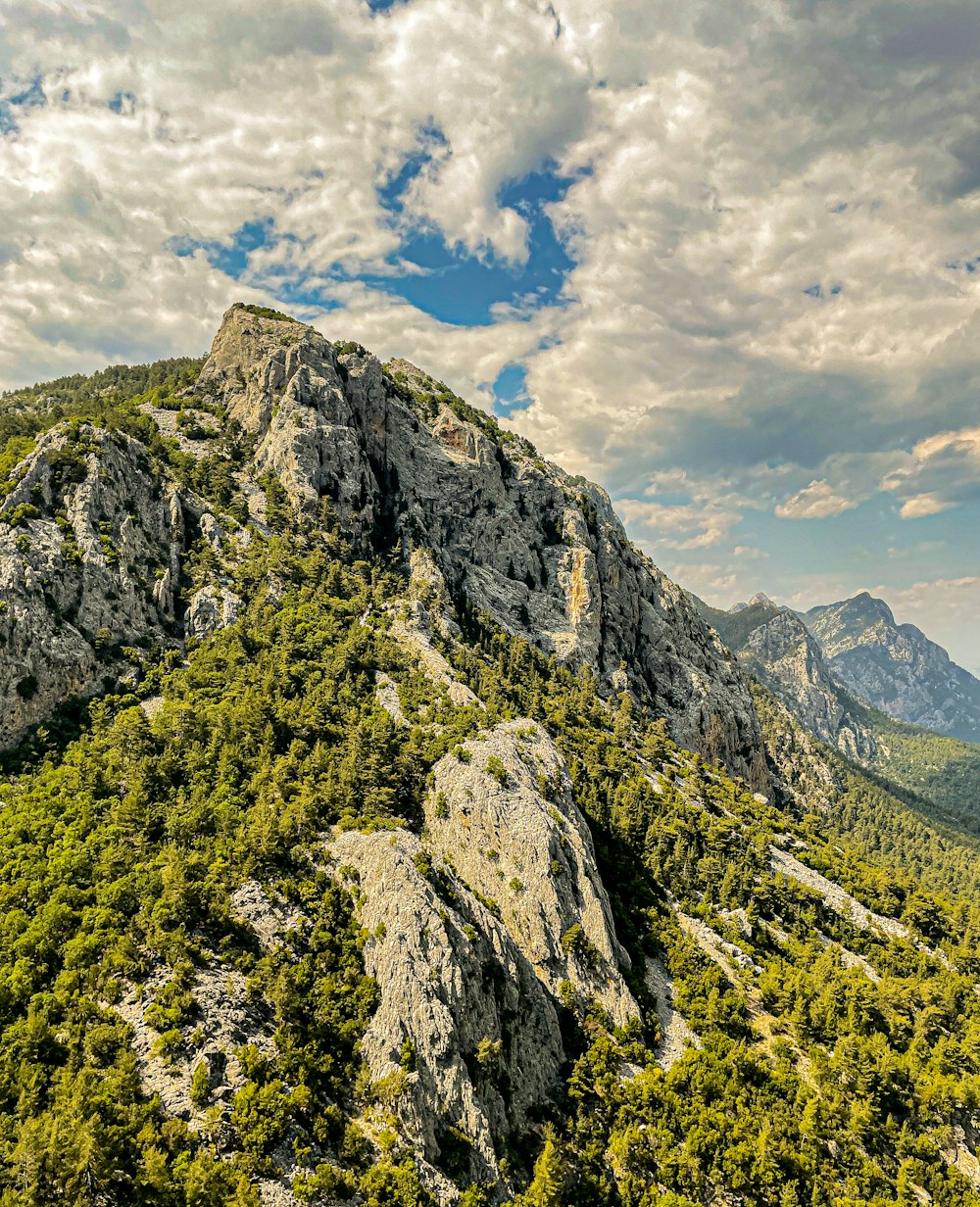 une vue d’une montagne rocheuse avec des arbres sur le côté