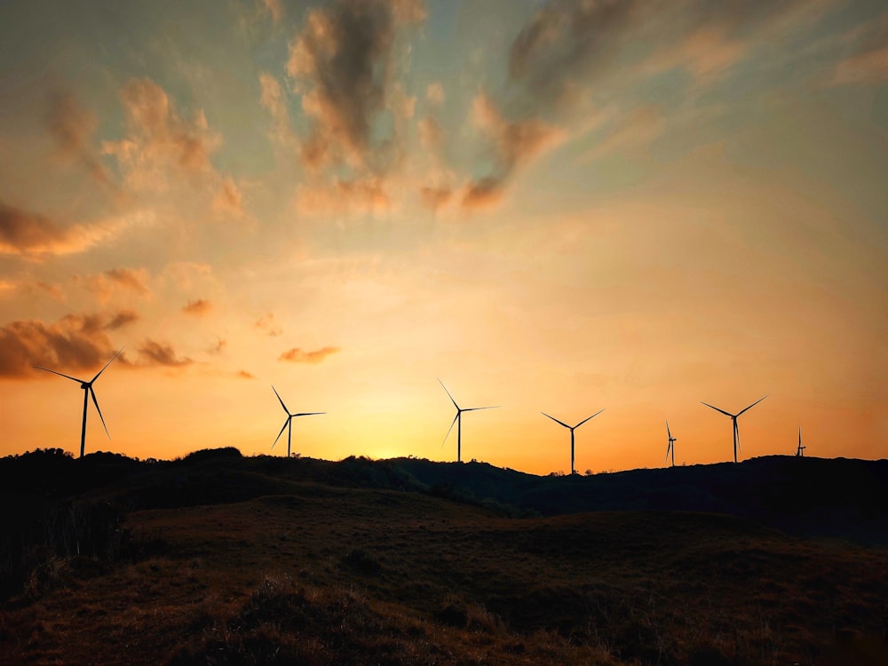 a group of windmills on a hill at sunset