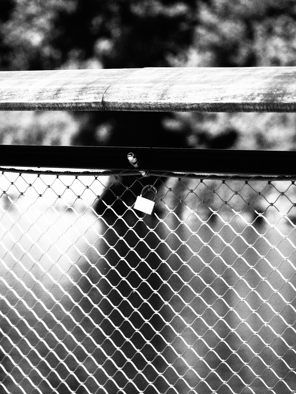 a black and white photo of a skateboard on a fence