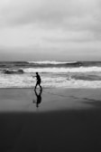 A solitary figure stands on the wet sand near the edge of a choppy sea, holding a fishing rod. The person's silhouette is reflected in the dark, shiny surface of the sand. Waves are crashing onto the shore under an overcast sky, adding a sense of movement.