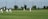 Several players in white uniforms are participating in a cricket match on a grass field. One player is batting while others are fielding. In the background, there are trees, a fence, and the sky is partly cloudy.