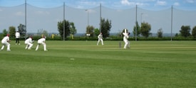 A group of people dressed in white cricket uniforms are playing cricket on a well-manicured green field. One player is batting while others, including an umpire, are positioned around him. The background shows a net fence, some trees, and a clear blue sky.