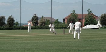 A group of people are playing cricket on a well-maintained grass field. Several players are dressed in white cricket attire and are positioned around the pitch. Some trees and houses are visible in the background, under a clear sky.