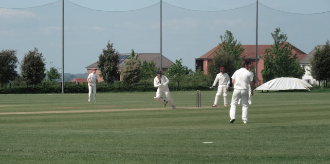A group of people are playing cricket on a well-maintained grass field. Several players are dressed in white cricket attire and are positioned around the pitch. Some trees and houses are visible in the background, under a clear sky.