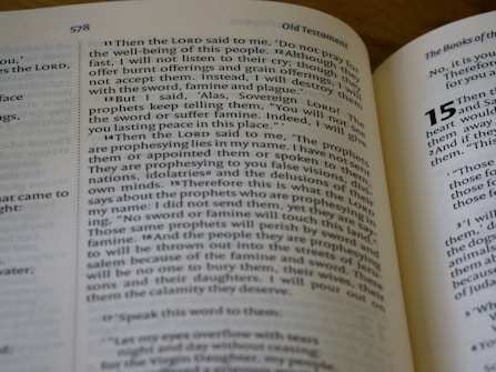 A close-up view of an open Bible showing text from the Old Testament. The visible pages are numbered 578 and 579. The text includes verses that appear to be part of a narrative or instruction, with some phrases capitalized for emphasis.