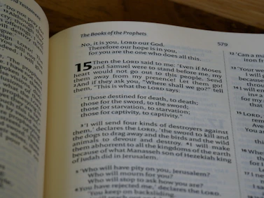A close-up view of an open book displaying a page from 'The Books of the Prophets'. The page number is 579, and highlighted text starts with the number 15, featuring a passage discussing themes of prophecy and divine messages.