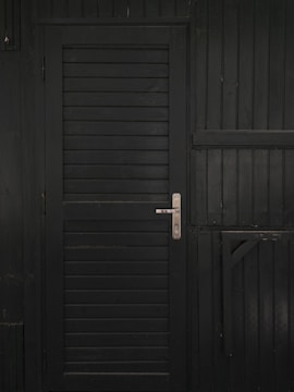 A vertically slatted black door with a metallic handle, set in a matching dark wooden wall with horizontal slats and reinforced beams.
