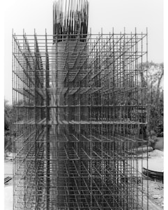 An intricate lattice of steel rebar forms a complex grid structure on a construction site. The metallic framework is part of the initial phase of a concrete structure's reinforcement, standing vertically with a highly geometric and organized pattern. The background includes some natural elements like trees and a clear sky.