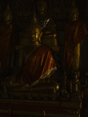 A grouping of intricately designed Buddha statues, each adorned with ornate golden robes. The ambient lighting casts deep shadows, highlighting the serene expressions of the statues. Smaller figures are arranged at the base, adding to the overall spiritual ambiance.