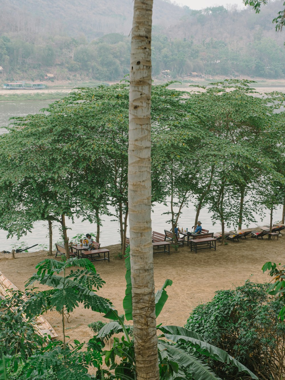 a group of people sitting on a bench next to a body of water