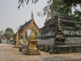 A historical temple complex features intricate architecture with gold and red accents. Several ornate structures are present, including spires and stupas set amidst trees. The large, dark stone structure in the foreground has weathered details, while the background showcases a building with a steep, decorated roof.