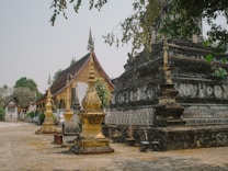 A historical temple complex features intricate architecture with gold and red accents. Several ornate structures are present, including spires and stupas set amidst trees. The large, dark stone structure in the foreground has weathered details, while the background showcases a building with a steep, decorated roof.