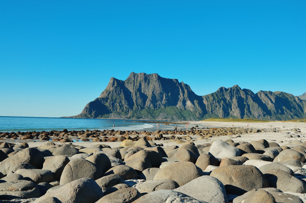 a rocky beach with mountains in the background