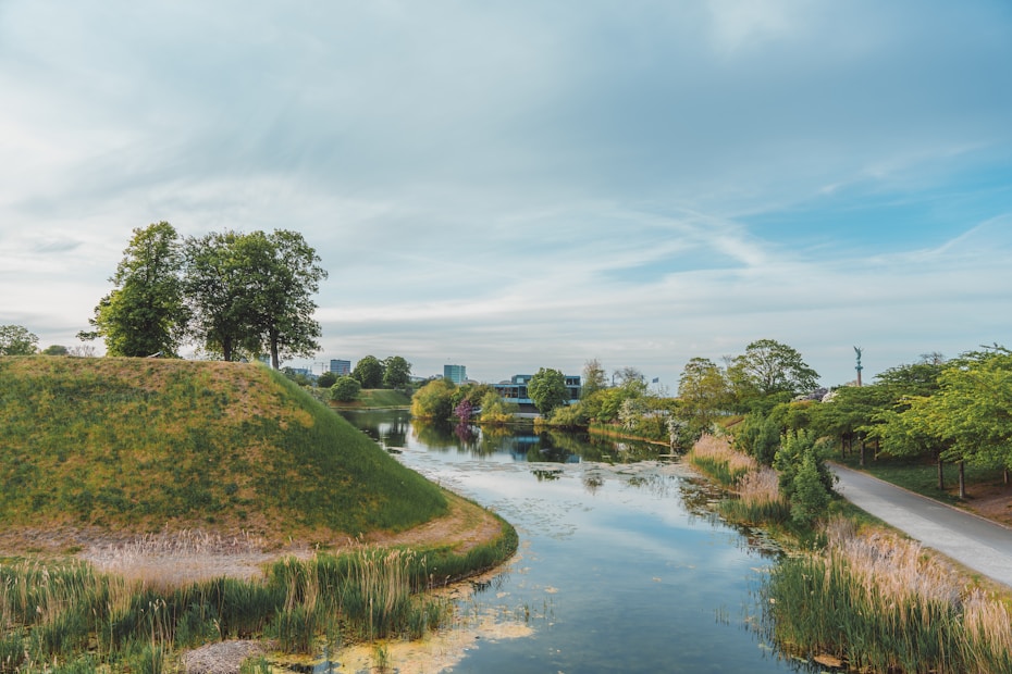 A peaceful landscape featuring a grassy hill with several trees and a placid body of water reflecting the sky and surrounding greenery. In the background, there are buildings visible, blending with the natural environment. A path runs alongside the water, bordered by more trees and bushes.