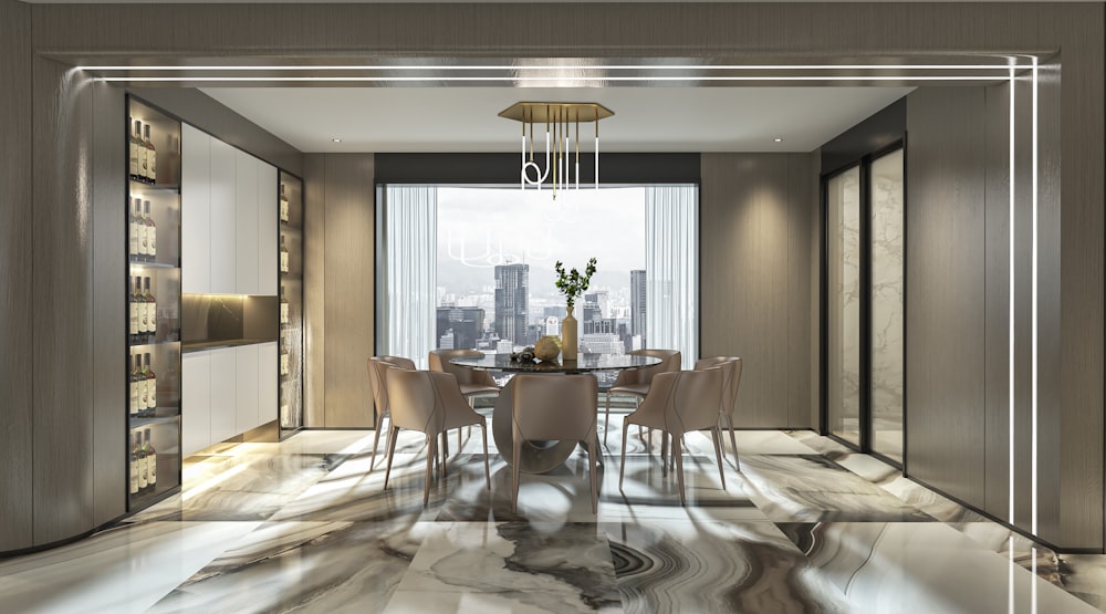 a dining room with a marble floor and a chandelier