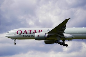 a large jetliner flying through a cloudy sky