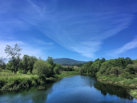 A serene river flows gently through lush greenery with a clear blue sky overhead. Trees line the riverbanks, and a distant hill rises under the vast sky. The setting is peaceful and natural, perfect for relaxation.
